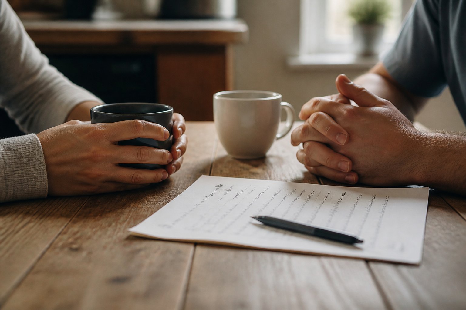 Manos de una pareja revisando un acuerdo escrito en la mesa de la cocina