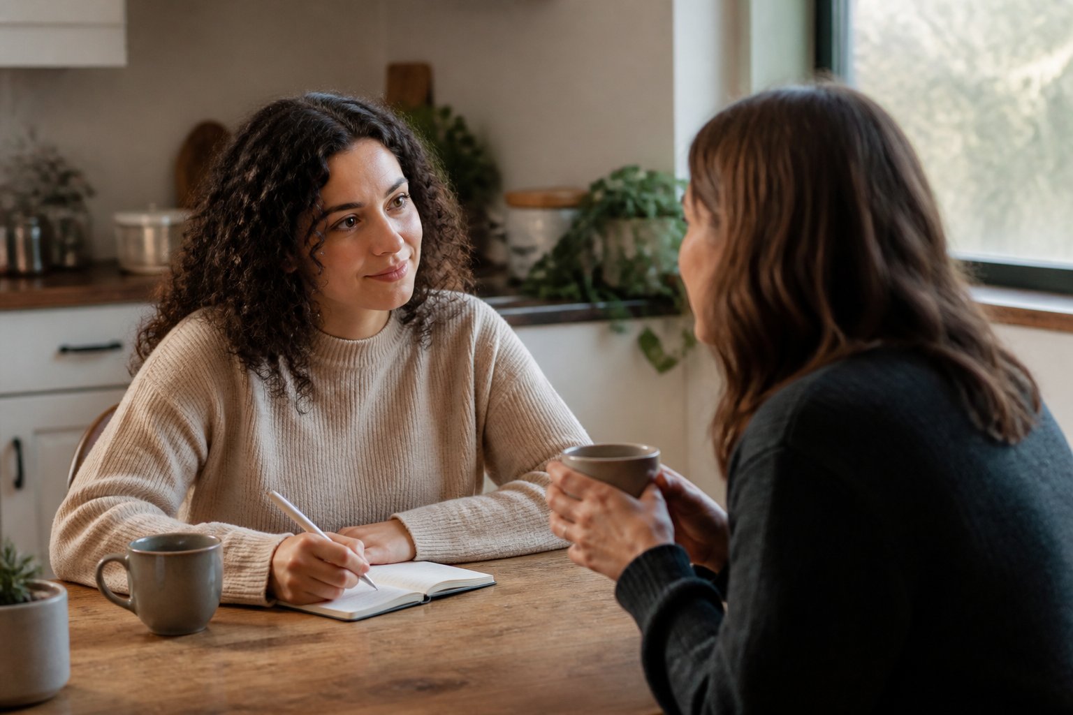 Pareja conversando con calma en la cocina, con tazas de té y un cuaderno sobre la mesa