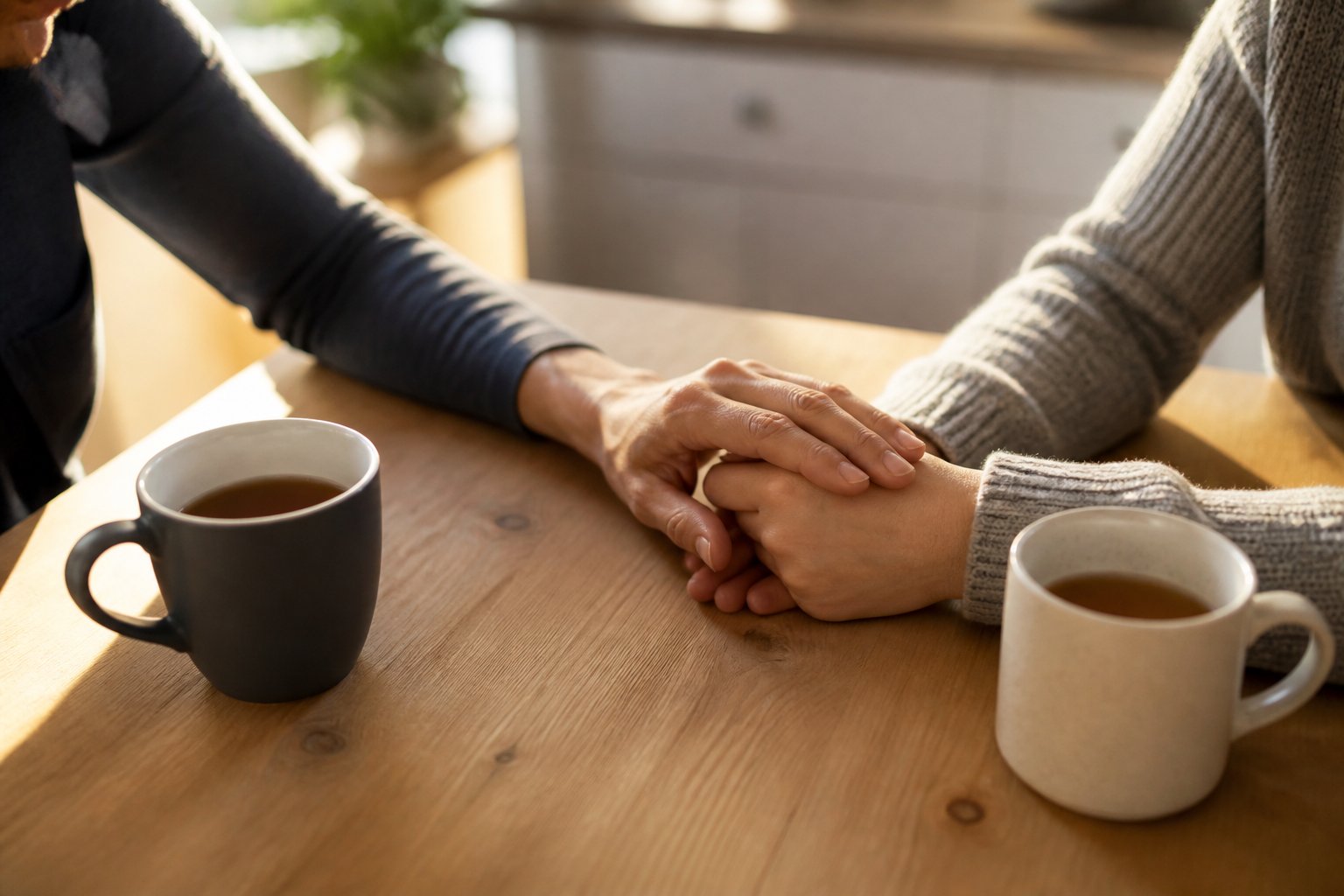 Mano de una persona apoyando la de su pareja sobre una mesa, gesto de consuelo y escucha
