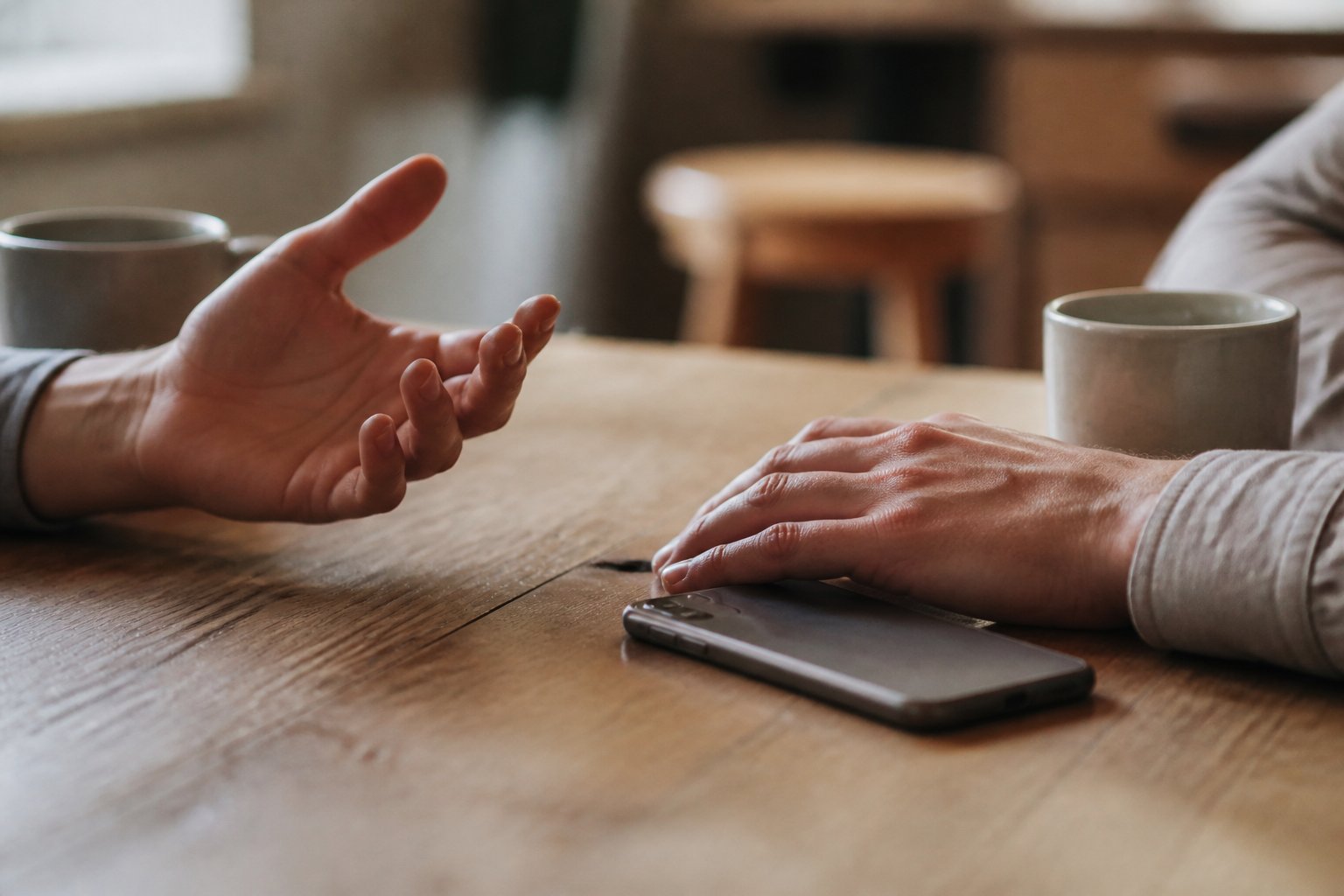 Manos de una pareja sobre una mesa de madera en gesto de escucha, con un móvil apartado