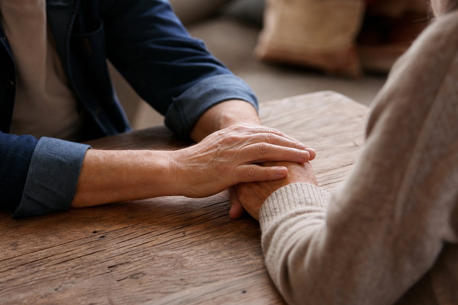 Gesto de apoyo entre dos personas durante una conversación difícil