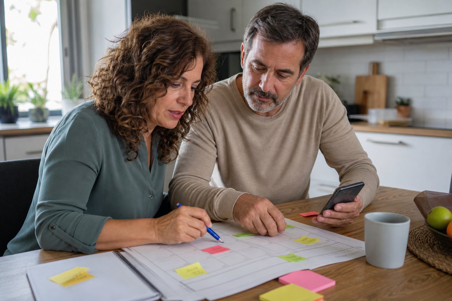 Pareja planificando tareas del hogar juntos con calendario y notas