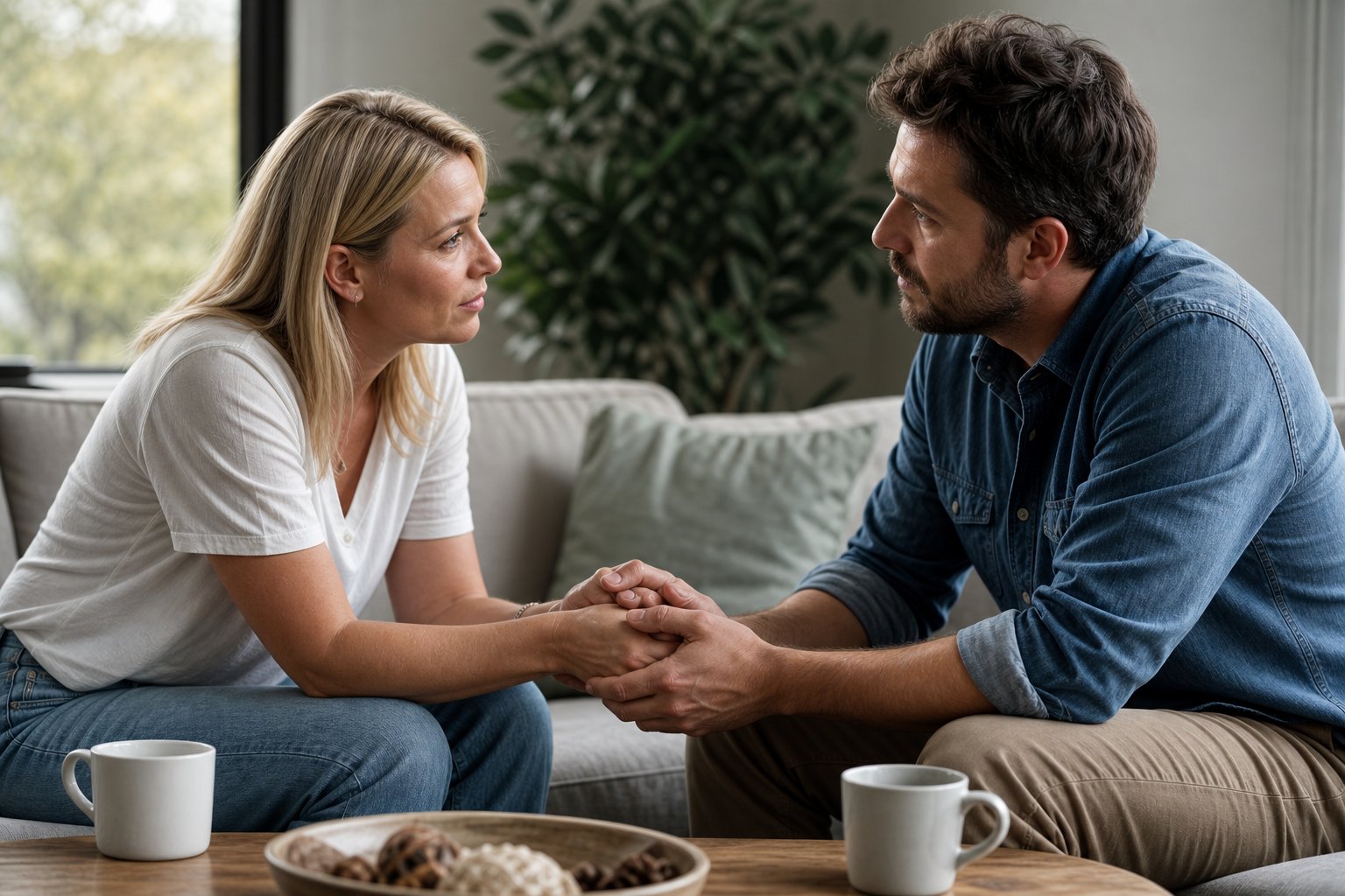 Dos personas hablando con calma tomándose de las manos sobre una mesa
