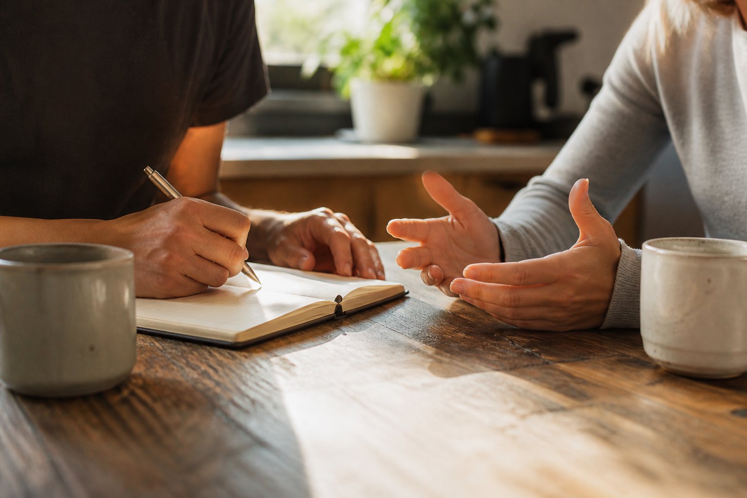Pareja en conversación tranquila con un cuaderno en la mesa durante un check-in semanal