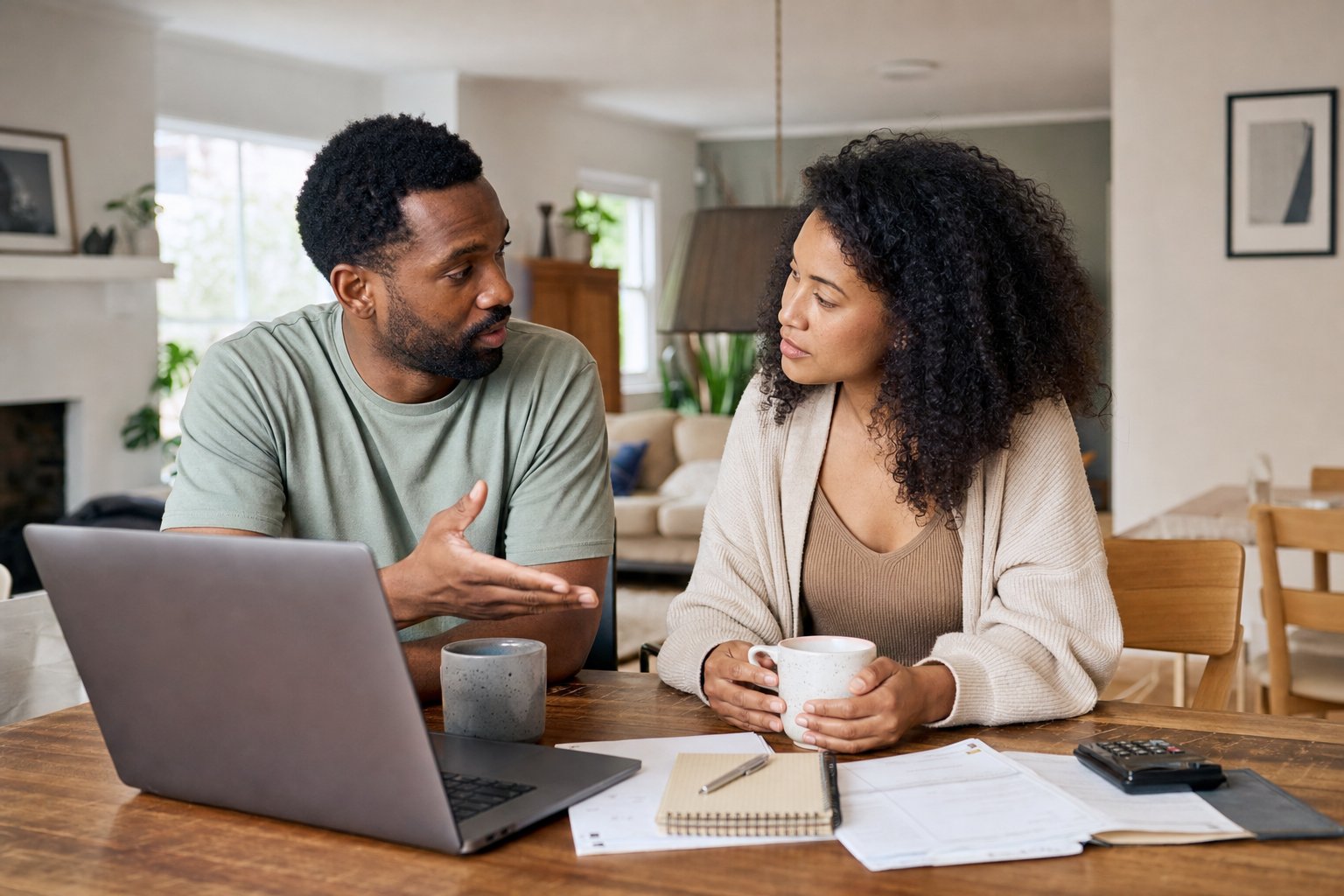 Pareja conversando con calma sobre finanzas en casa
