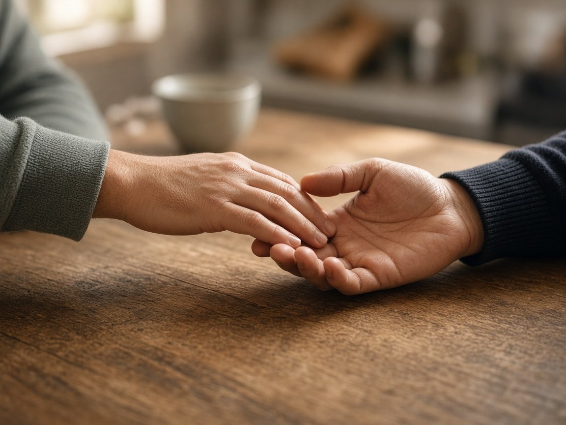 Manos de pareja en una mesa de madera, una relajándose de un gesto cerrado a uno abierto durante una conversación