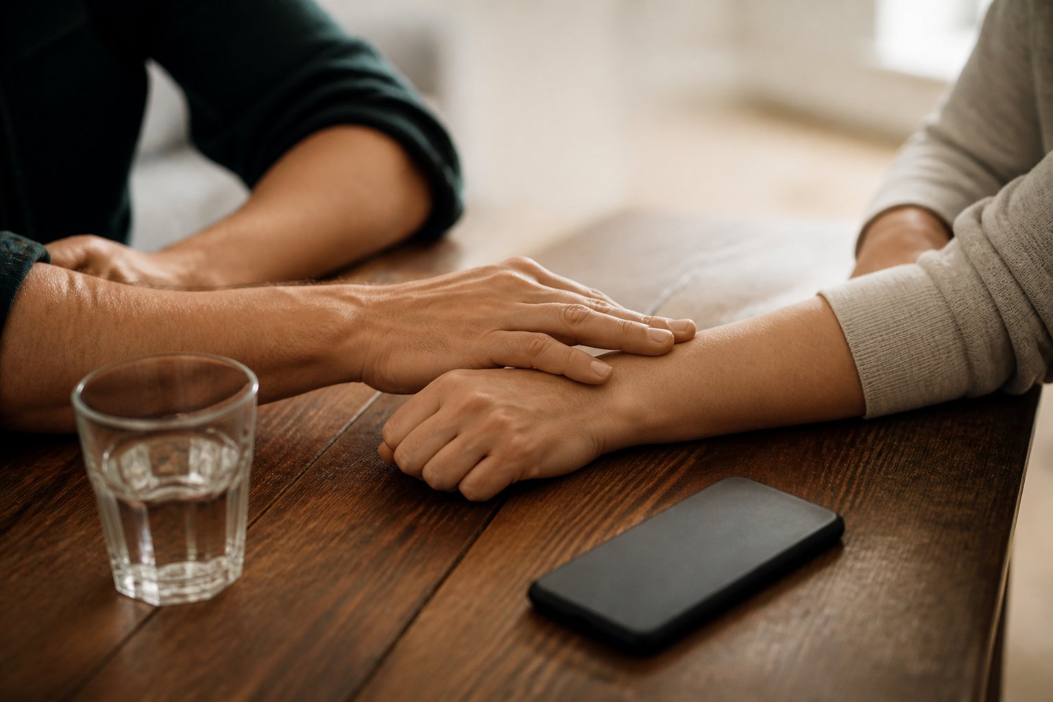 Manos de una pareja en gesto calmante sobre una mesa durante una conversación tensa