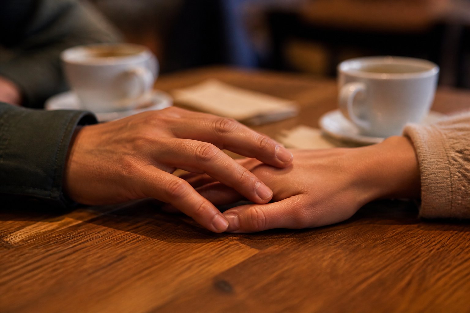 Manos de una pareja en una mesa de restaurante en gesto de acercamiento tras un momento de tensión