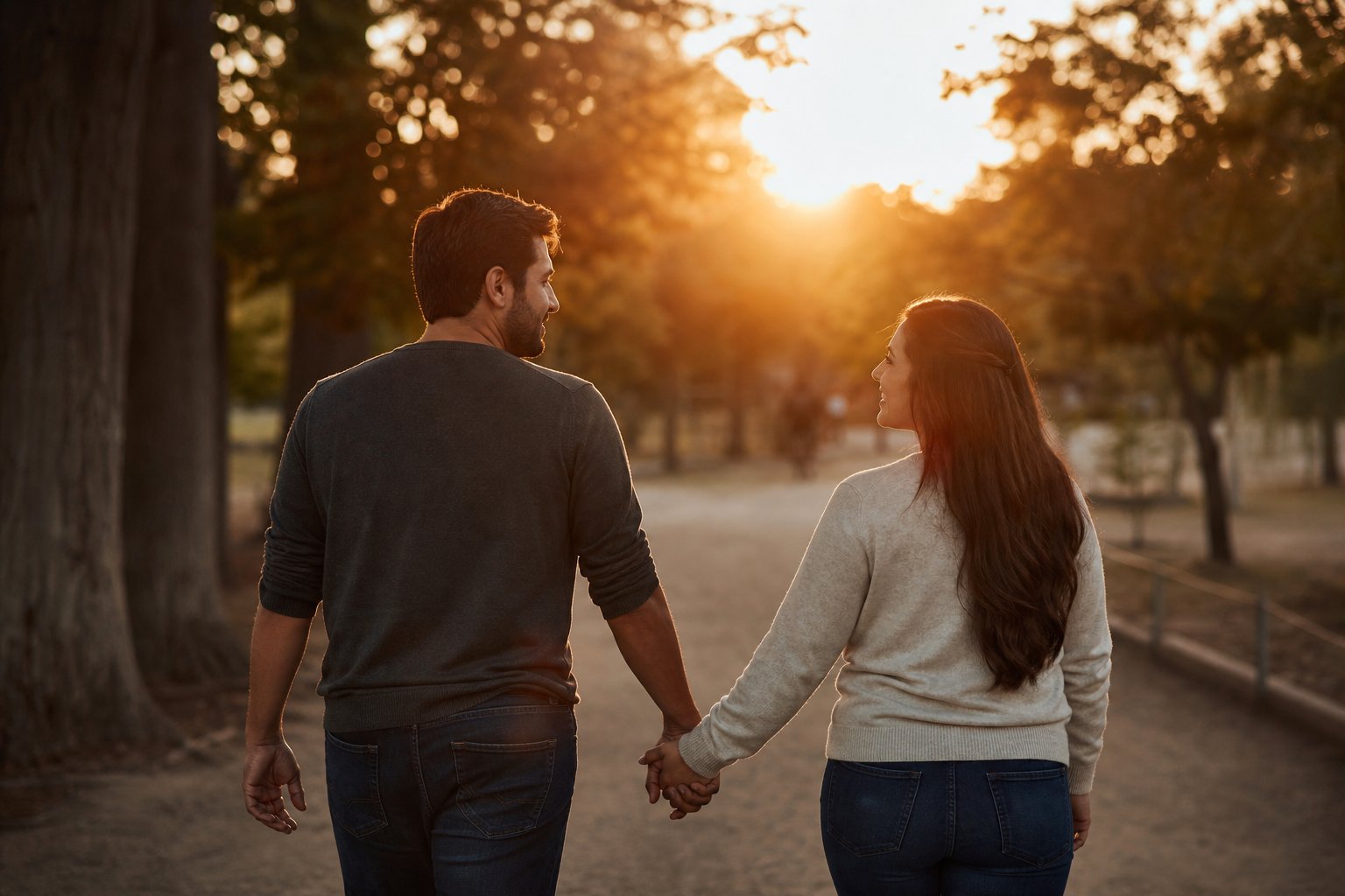 Pareja reconectando con un paseo tranquilo al atardecer