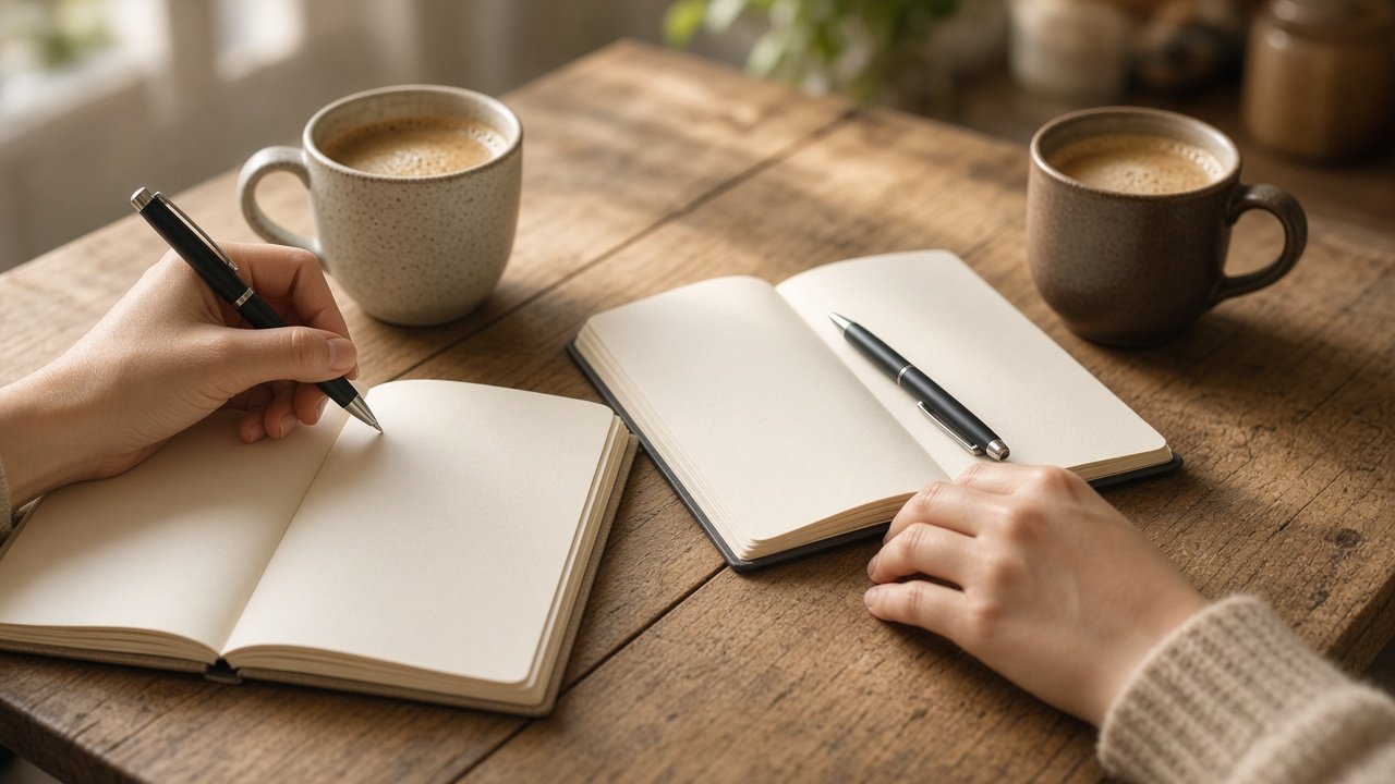 Dos personas escribiendo en cuadernos sobre una mesa con tazas de café, en un gesto de reflexión tras una discusión