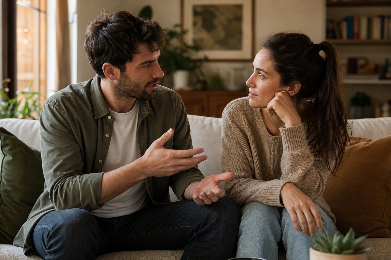 Pareja en el salón teniendo una conversación tranquila sobre necesidades de espacio personal