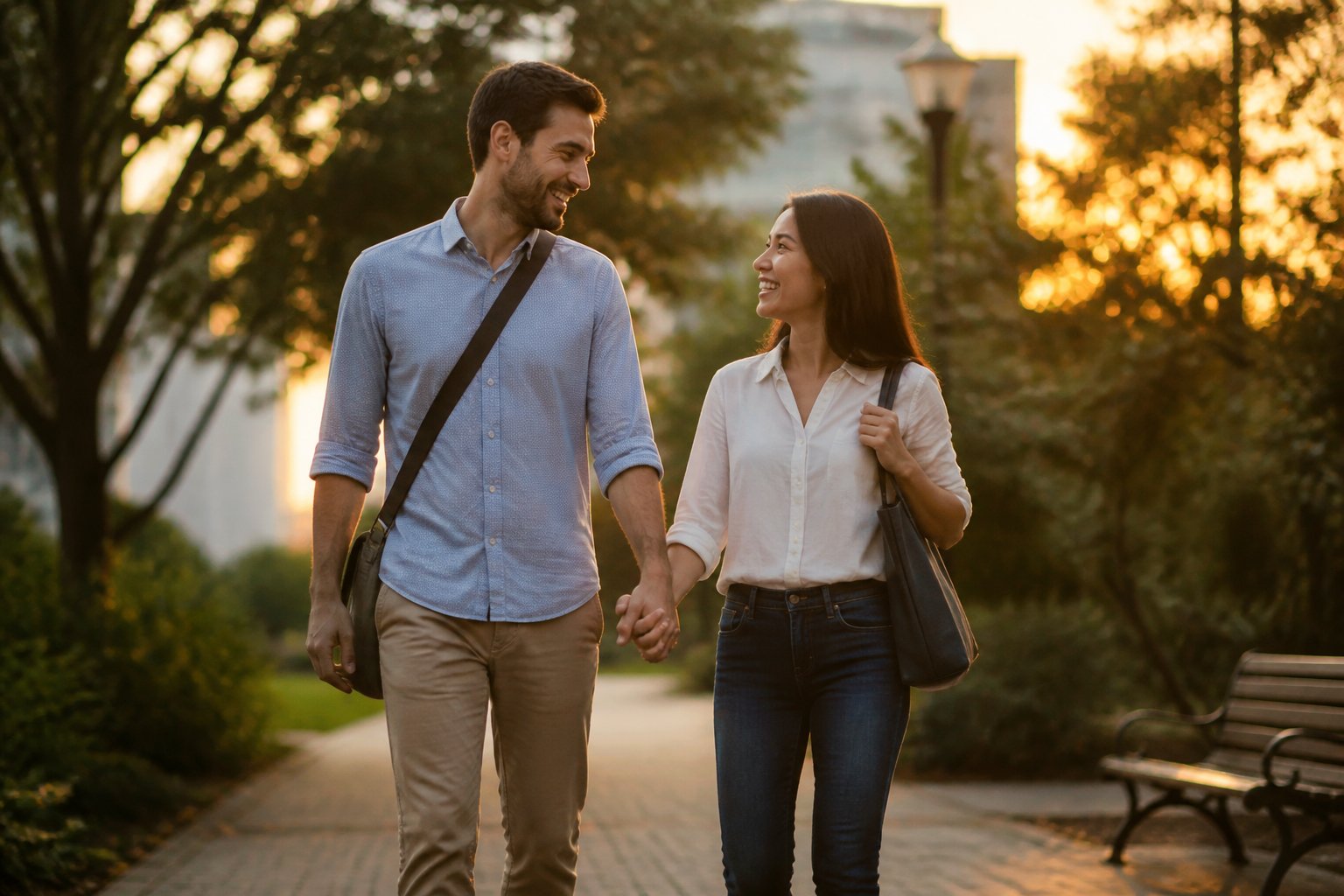 Pareja paseando juntos al atardecer para reconectar tras un día de trabajo estresante