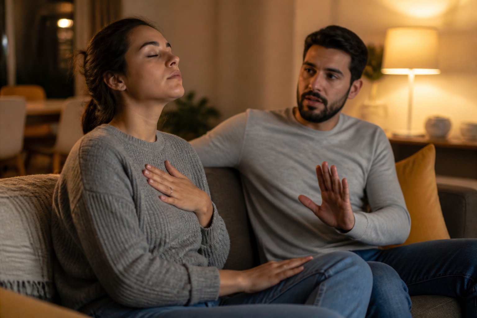 Pareja en el salón pidiendo una pausa con calma durante una conversación tensa