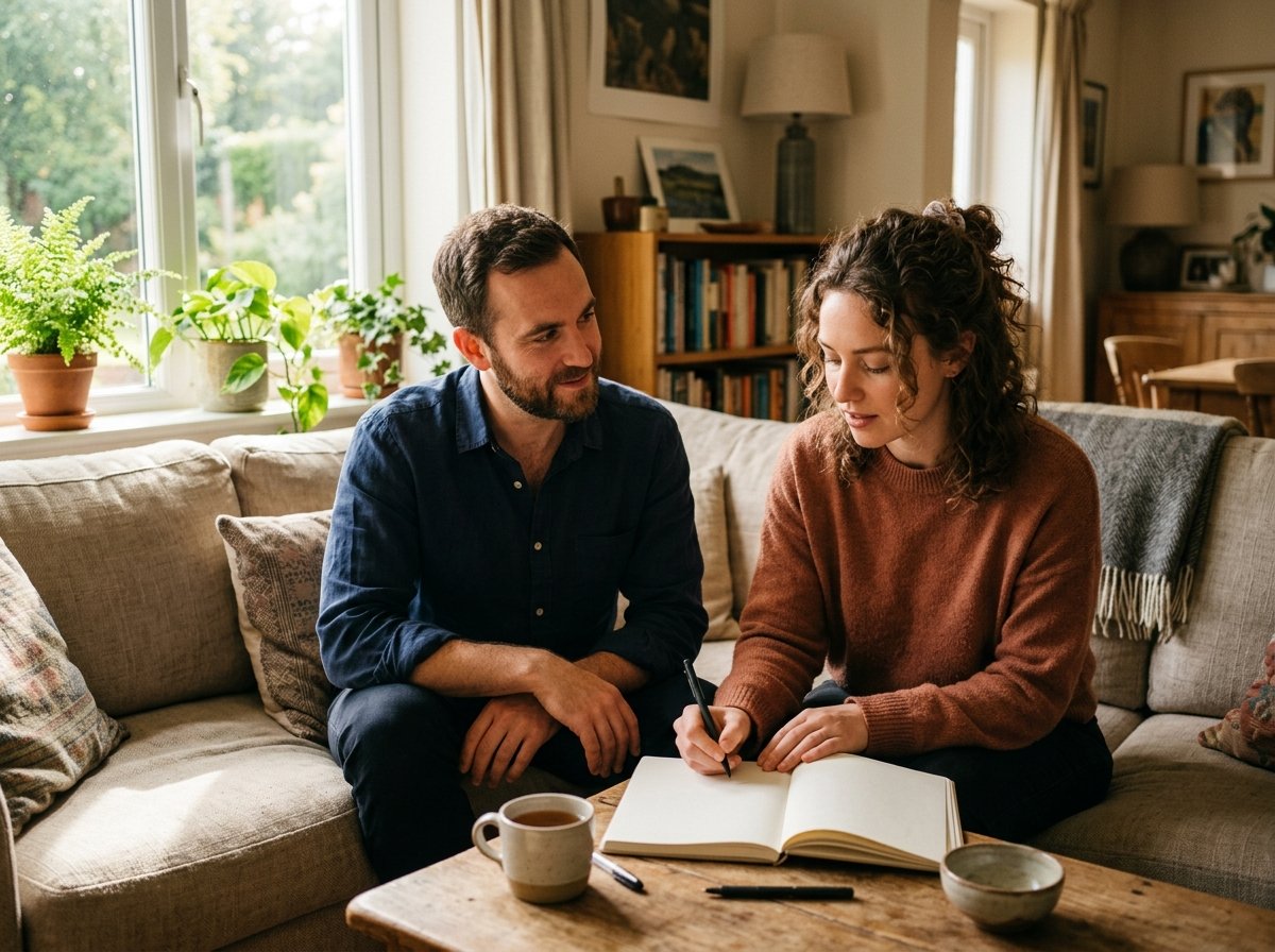 Pareja sentada en el sofá con un cuaderno, preparando una conversación importante con calma