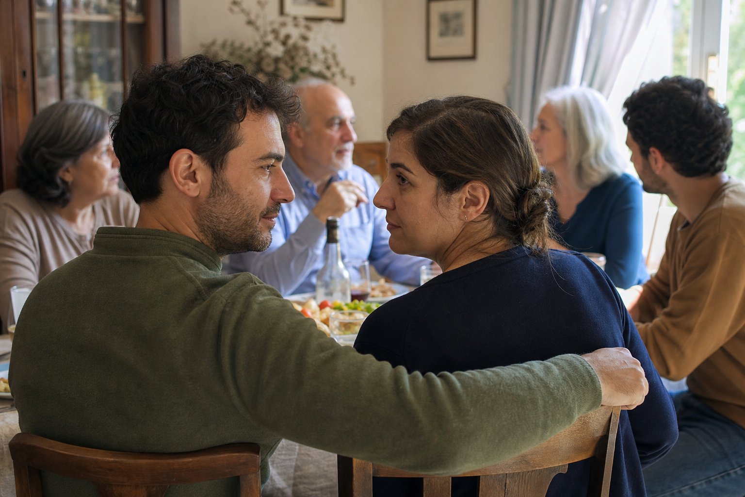 Pareja intercambiando una mirada de apoyo durante una comida familiar