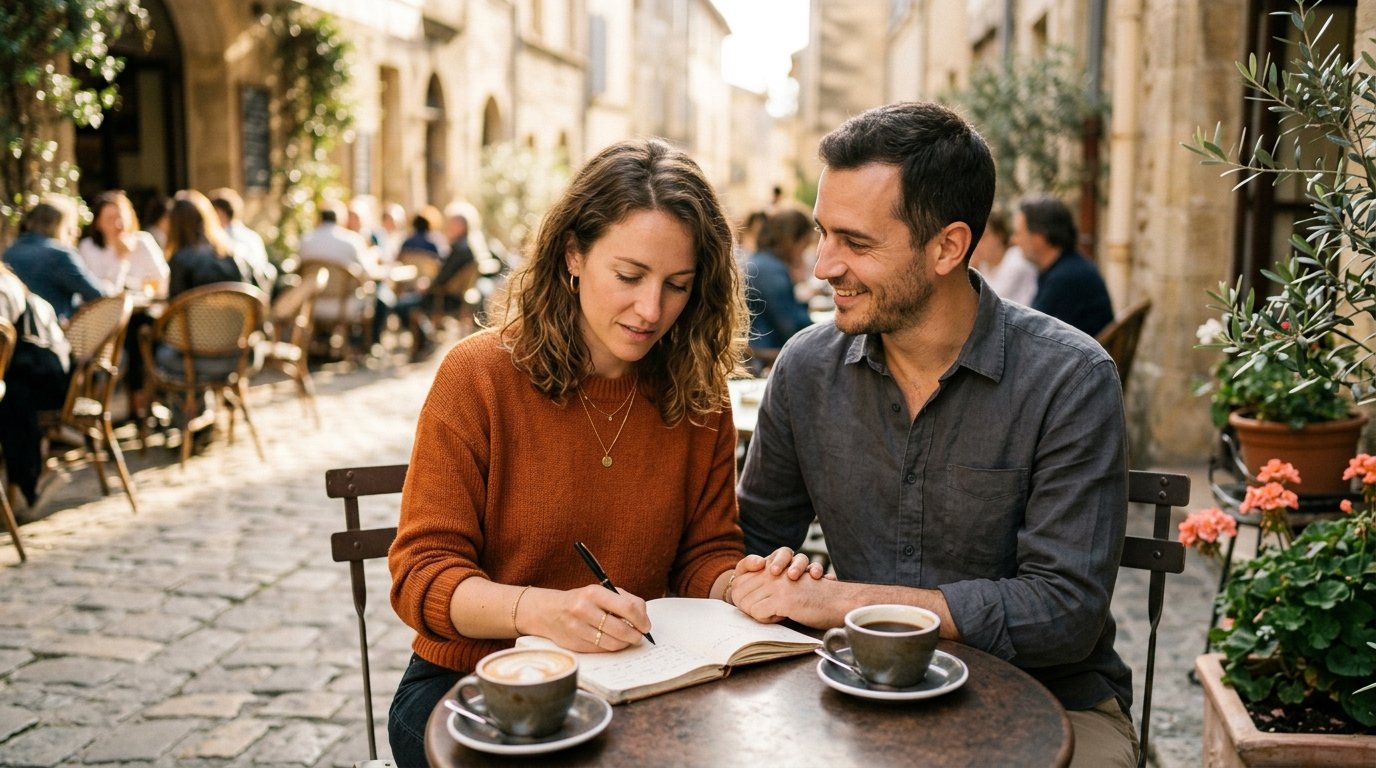 Pareja en terraza de café, uno escribe en un cuaderno y el otro sonríe, tarde dorada