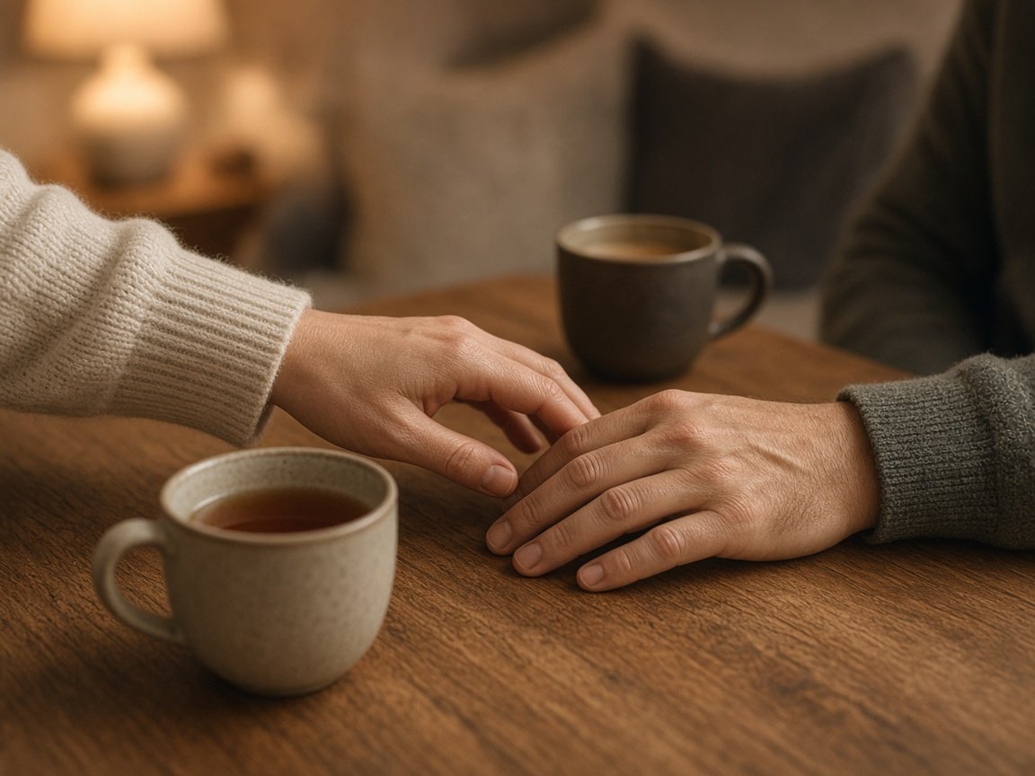 Manos de una pareja en un gesto de conexión sobre una mesa con tazas de té