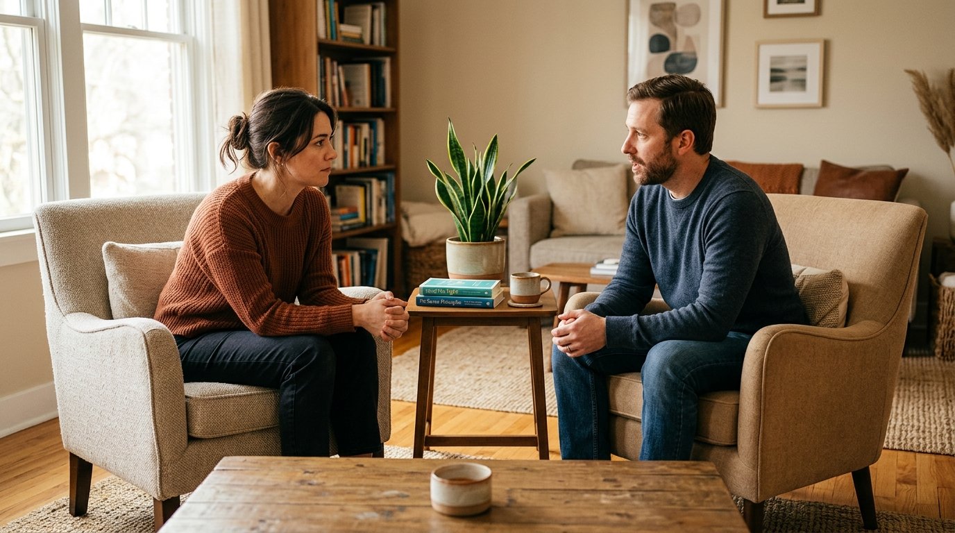 Consulta de terapia de pareja, dos sillones frente a frente en ambiente cálido