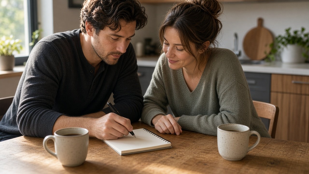 Pareja acordando turnos de palabra con un cuaderno en la mesa del comedor