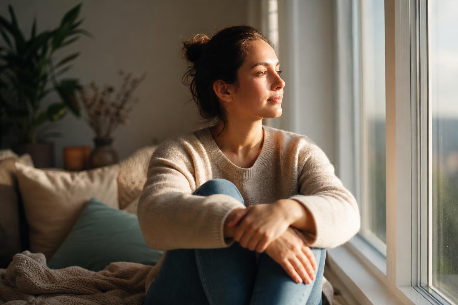Persona sentada junto a una ventana, en pausa consciente para regularse emocionalmente antes de retomar una conversación difícil