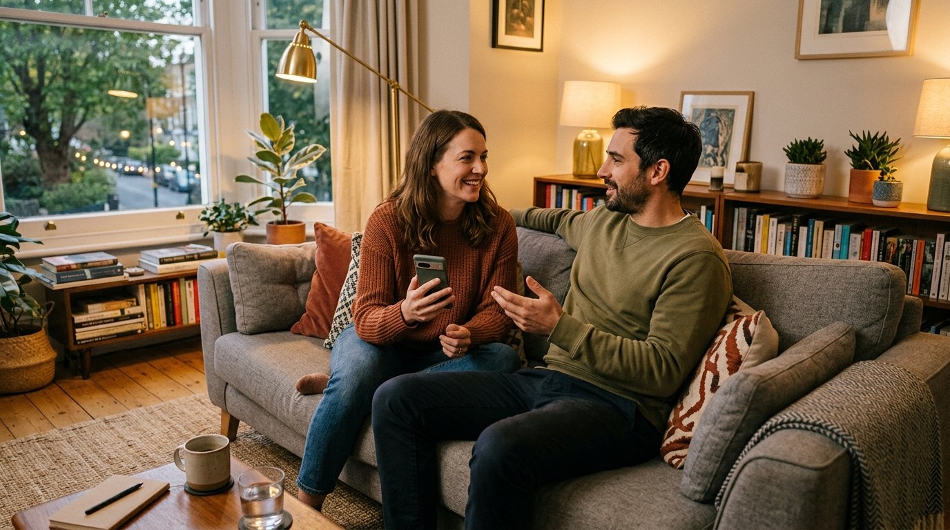 Pareja en el sofá teniendo una conversación tranquila sobre planes sociales con amigos