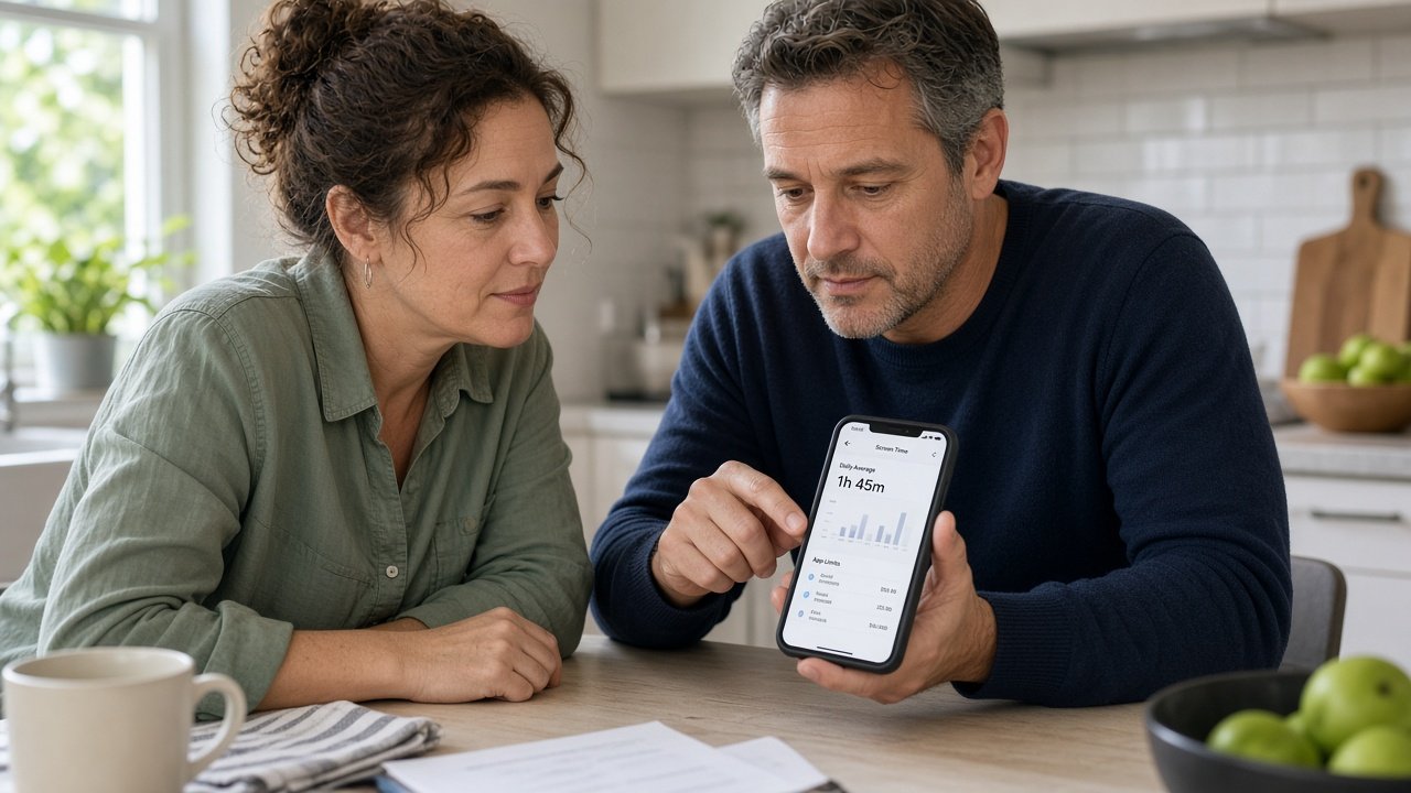 Pareja conversando con calma sobre el uso del móvil en la cocina