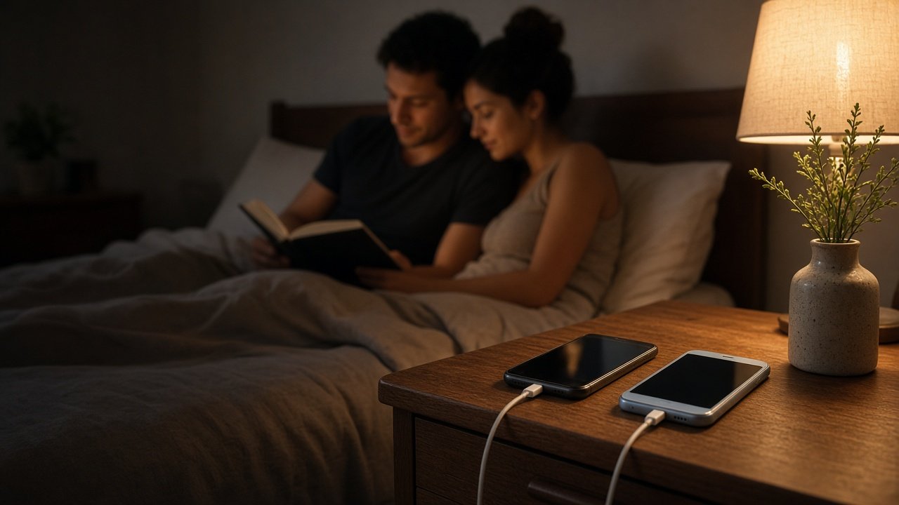 Rutina nocturna en pareja con móviles apartados y momento de conexión
