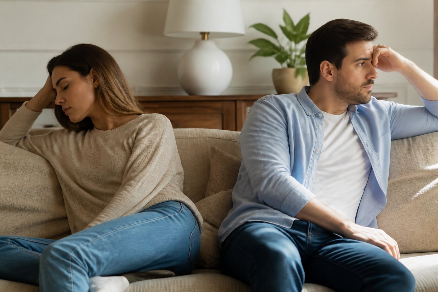 Pareja en el sofá tomando un respiro con calma tras una conversación tensa