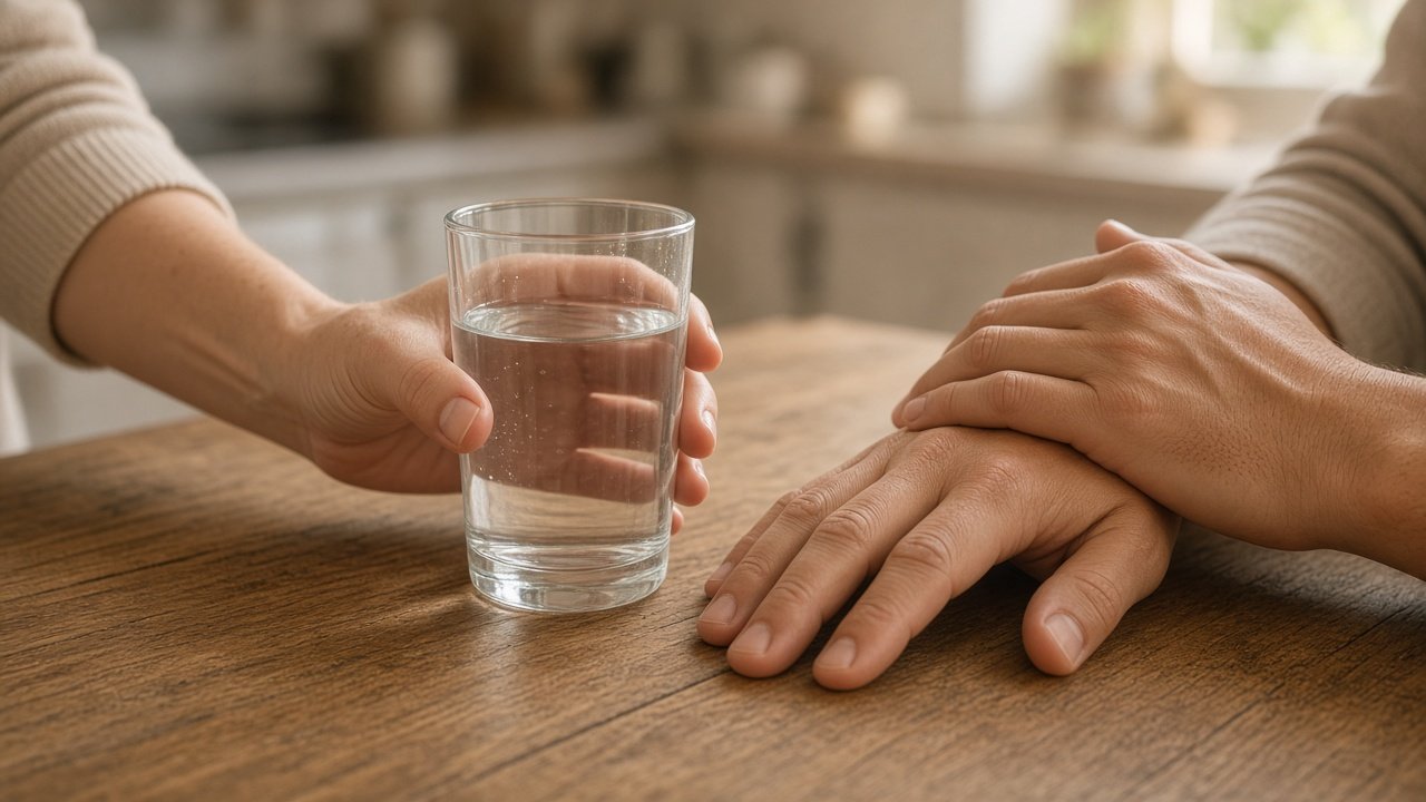 Manos de una pareja en una mesa tomando un respiro durante una conversación difícil