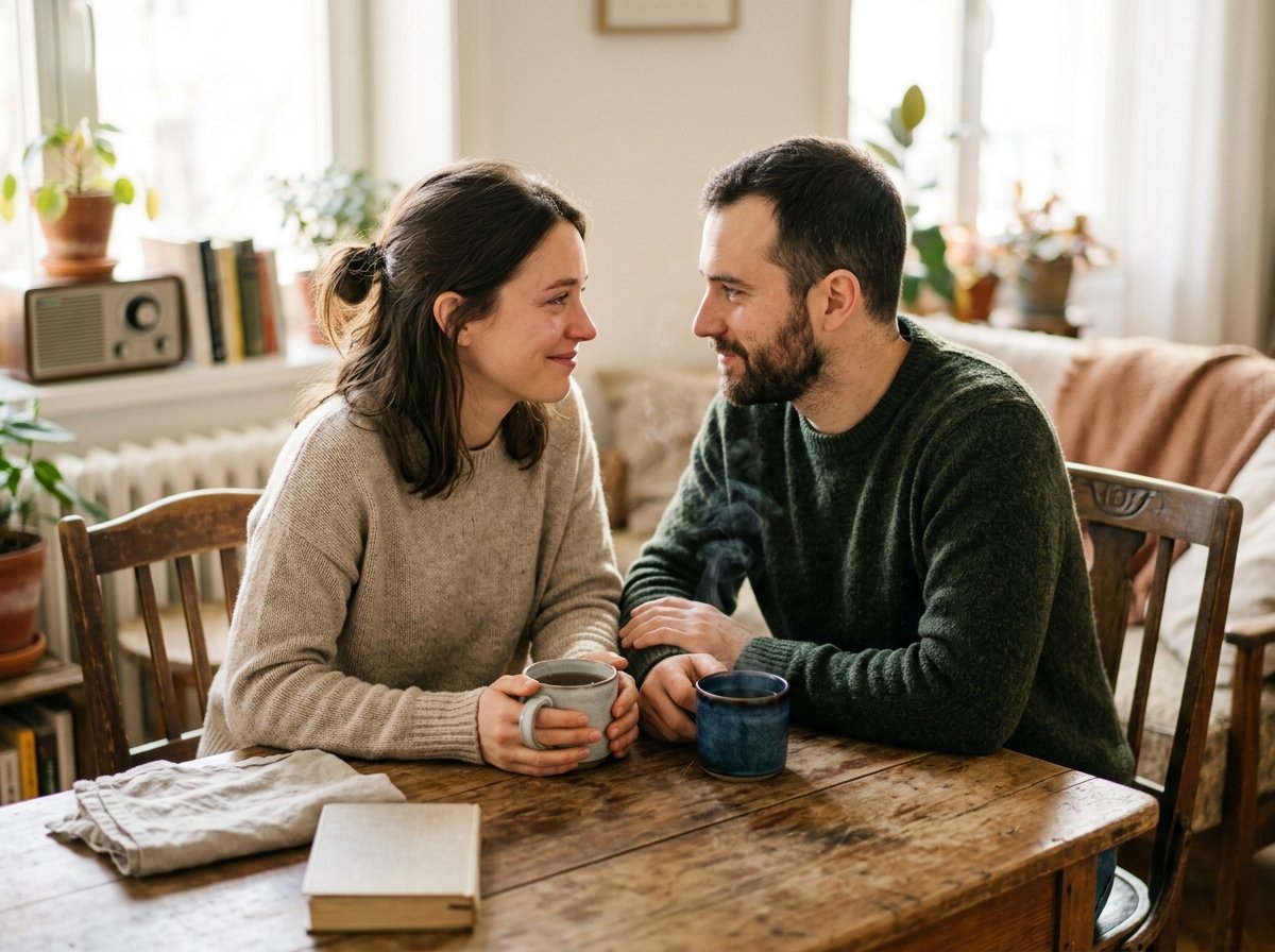 Pareja conversando con calma en la cocina tras una discusión, tomando té juntos