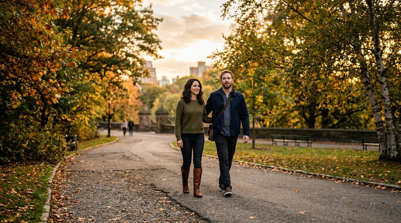 Pareja caminando junta por una calle en luz dorada de atardecer, mirando hacia adelante con calma