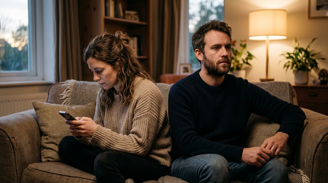 Pareja en el sofá, cada uno mirando en una dirección diferente, desconexión emocional