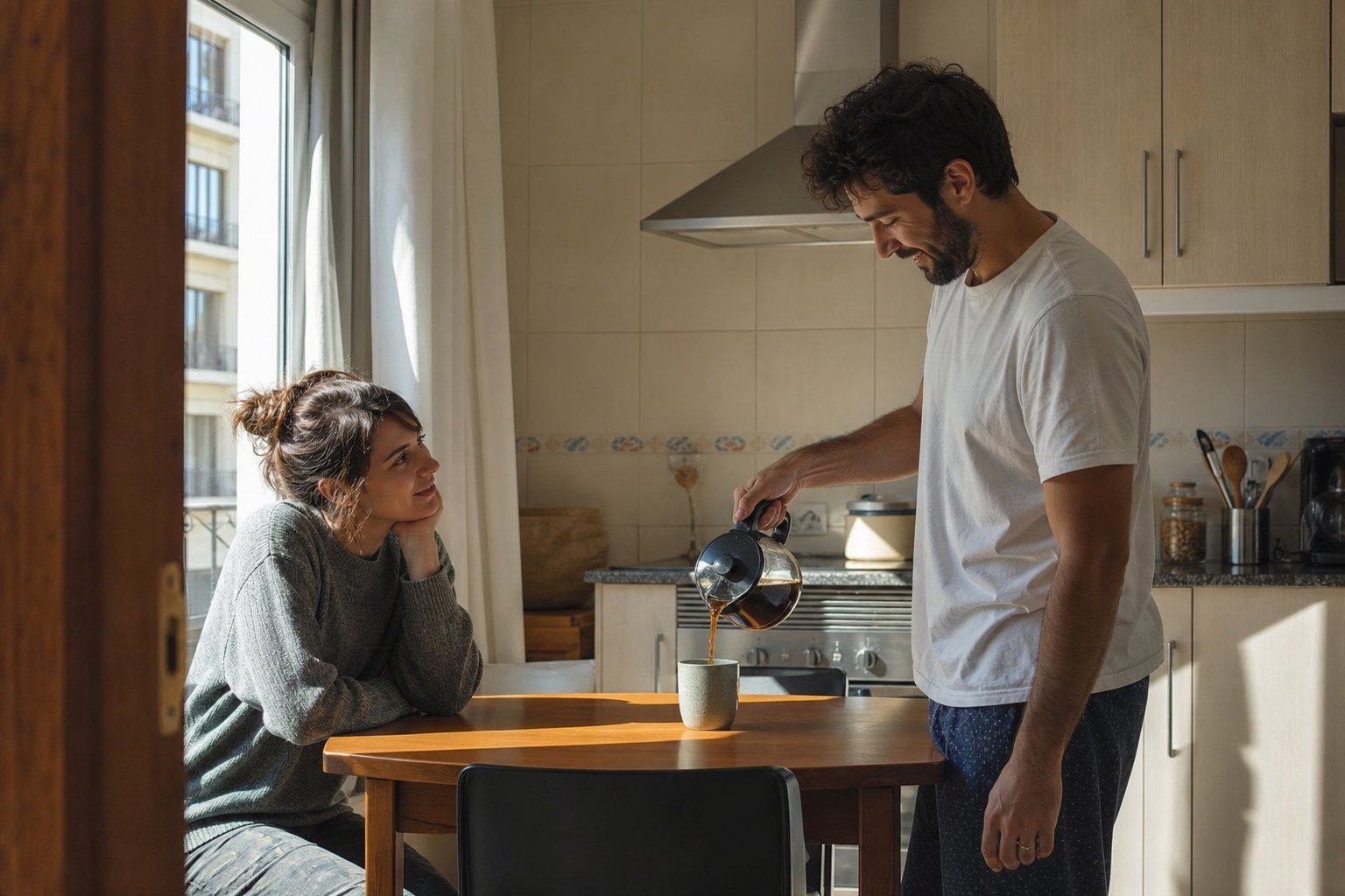 Pareja compartiendo un café en la cocina por la mañana, momento breve de conexión en la rutina diaria