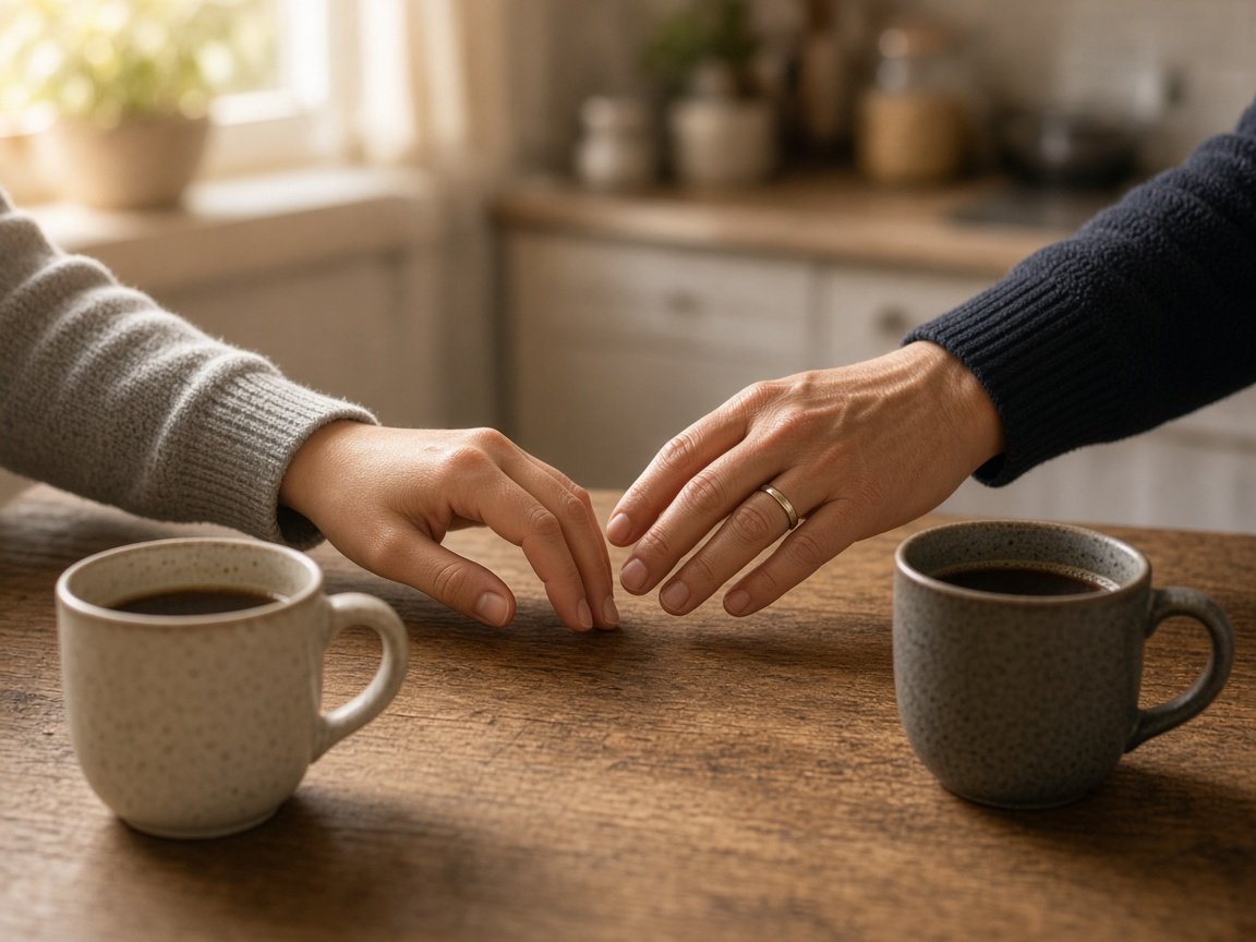 Dos tazas de café en una mesa de madera, manos de pareja en un gesto de acercamiento tras una conversación difícil