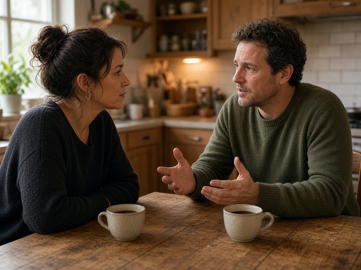 Pareja conversando con calma en la cocina sobre un tema difícil