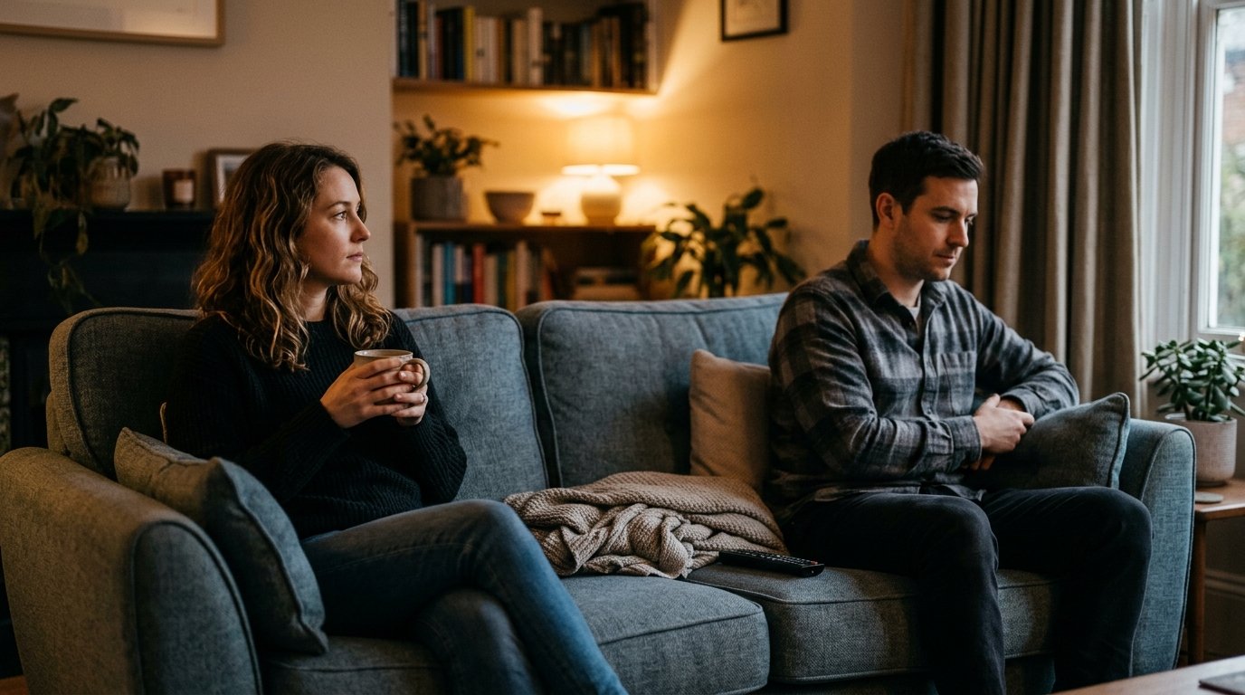 Pareja sentada en extremos opuestos del sofá, cada uno mirando en una dirección diferente, reflejando distancia emocional silenciosa