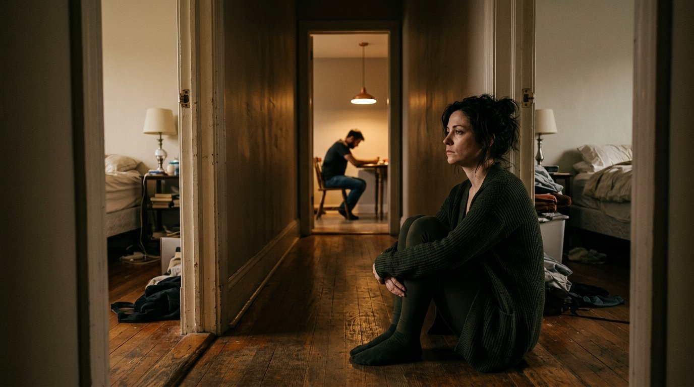 Persona sola en el umbral de una habitación, pareja visible al fondo en otra estancia