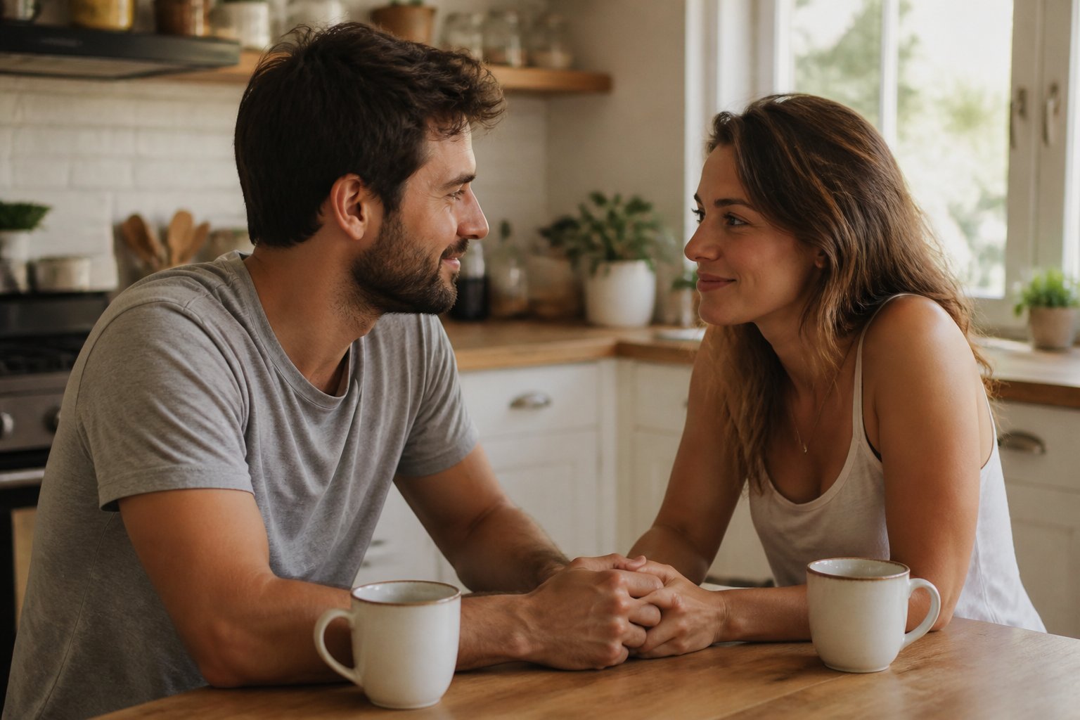 Pareja reconectando con una conversación tranquila en la mesa del desayuno