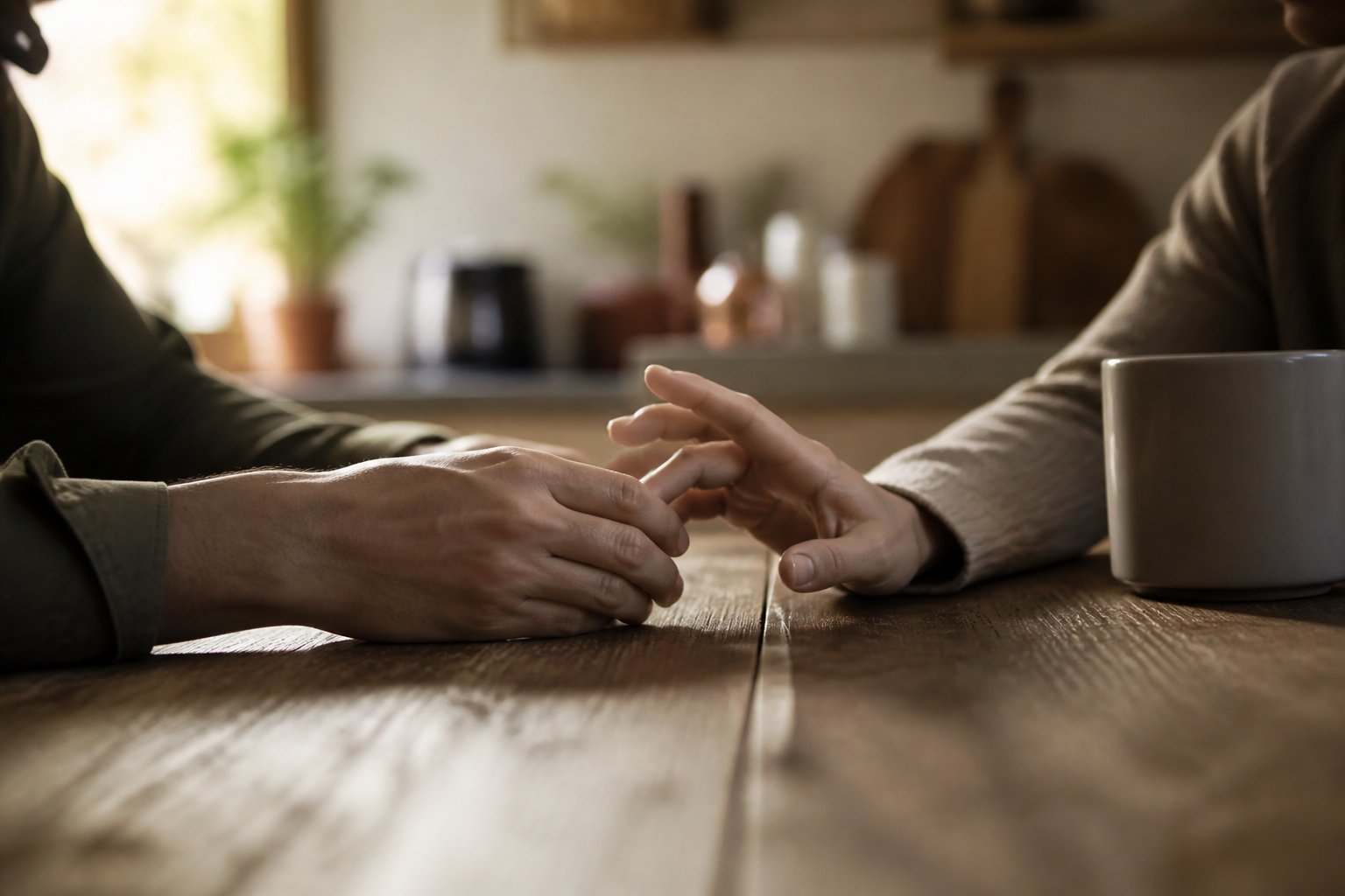 Manos de una pareja en una mesa en gesto de acercamiento tras una tensión por un tema pequeño