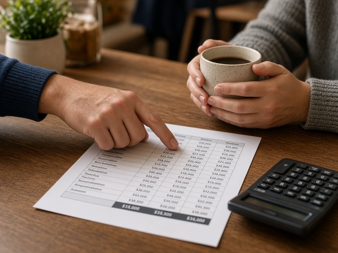 Manos de una pareja revisando un presupuesto mensual en la mesa del comedor