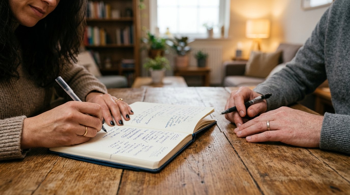 Pareja preparando notas antes de su primera sesión de terapia
