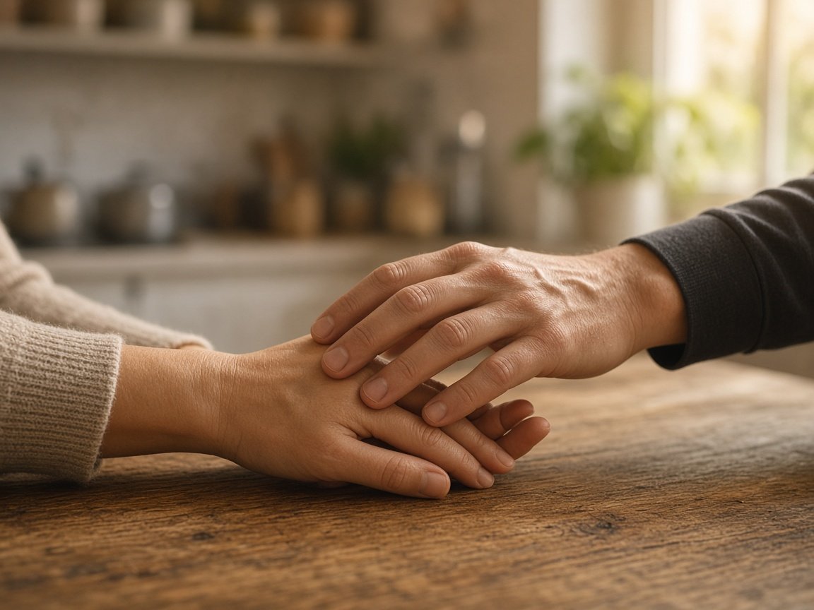 Manos de una pareja en una mesa de cocina en un gesto de acercamiento tras una discusión