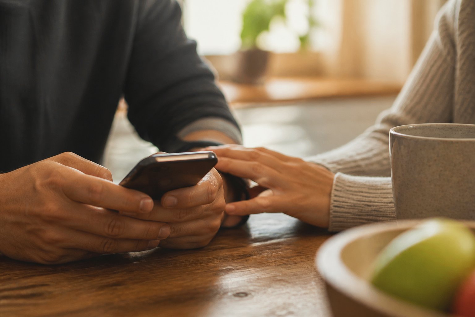Pareja en la cocina: una persona escribe en el móvil mientras la otra acerca la mano con gesto calmado